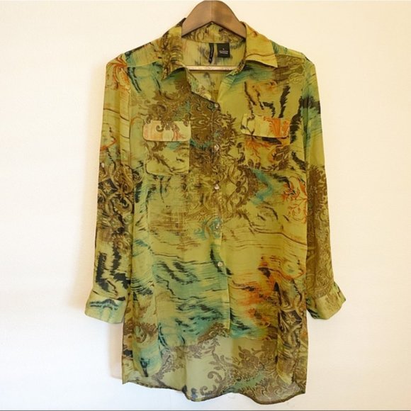 New Directions Sheer Button Front Floral Blouse - Picture 1 of 6